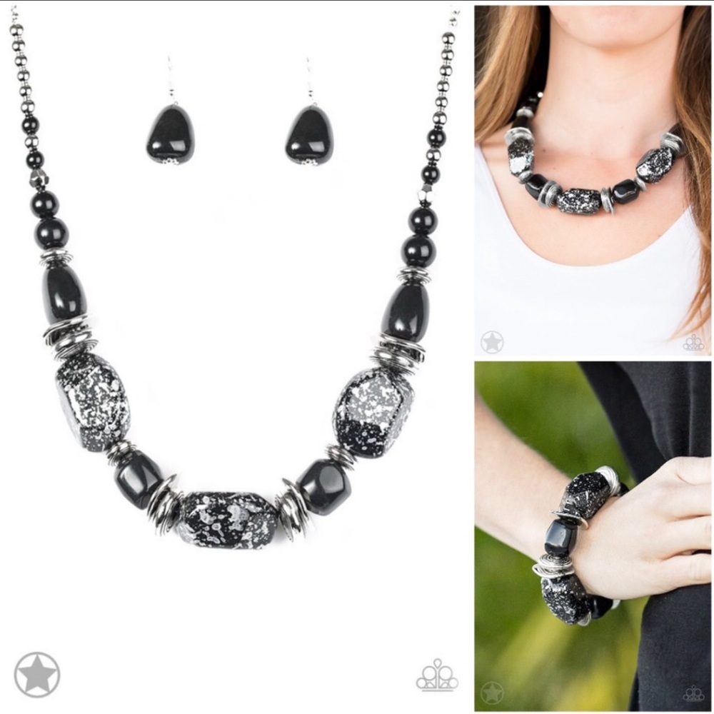 Trio:  Black Chunky Necklace, Earrings & Bracelet.